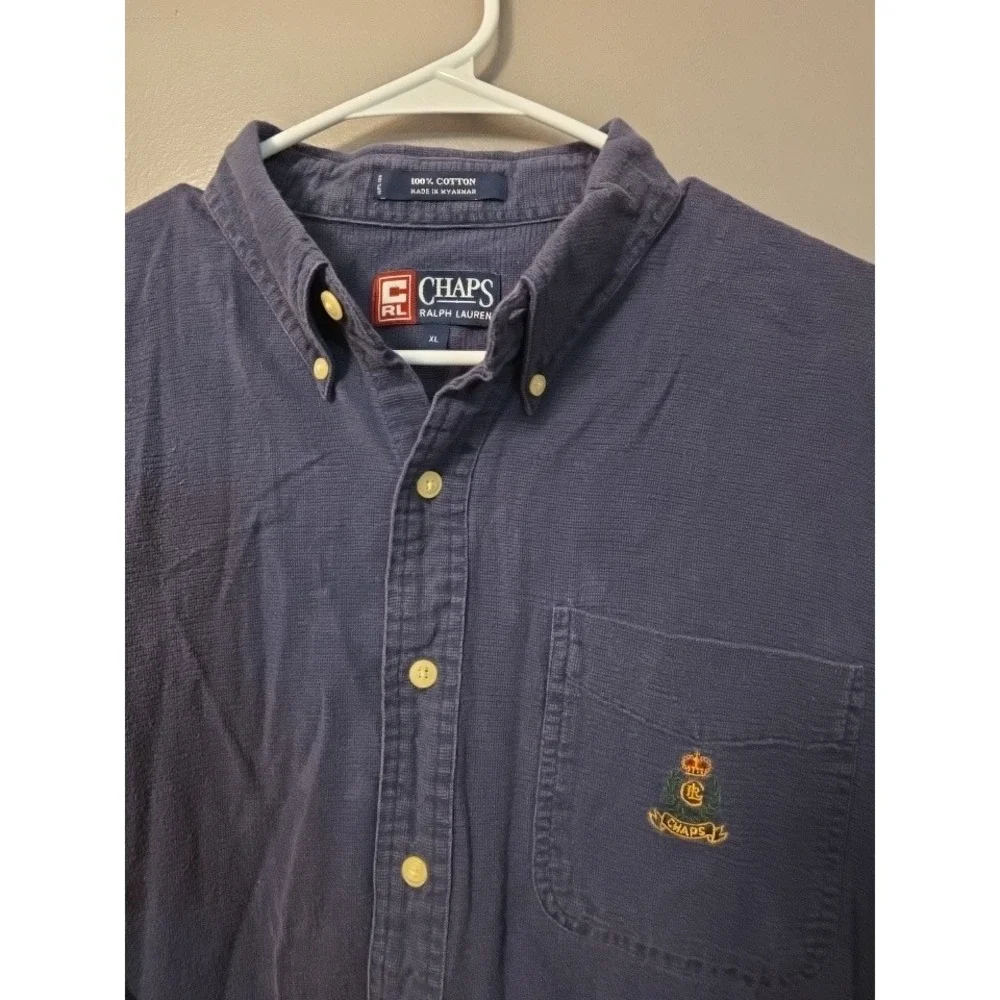Chaps Ralph Lauren Mens XL Navy Blue Short Sleeve Button Down Crest Logo Shirt